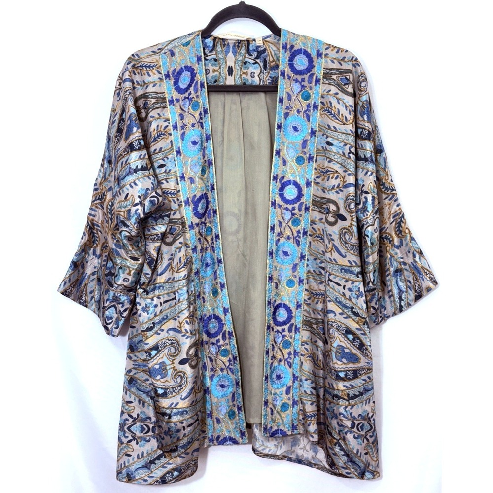 Soft Surroundings‎ Blue Gold Floral Paisley Open Jacket Cardigan Embroidered S/M